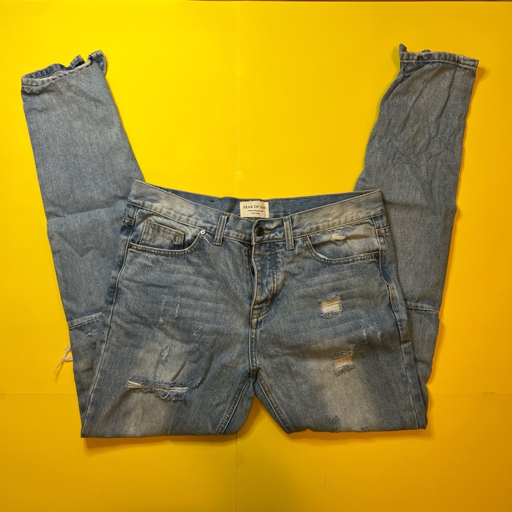 Fear of God Light Blue Distressed Skinny Zipper Distressed Kanye Jeans